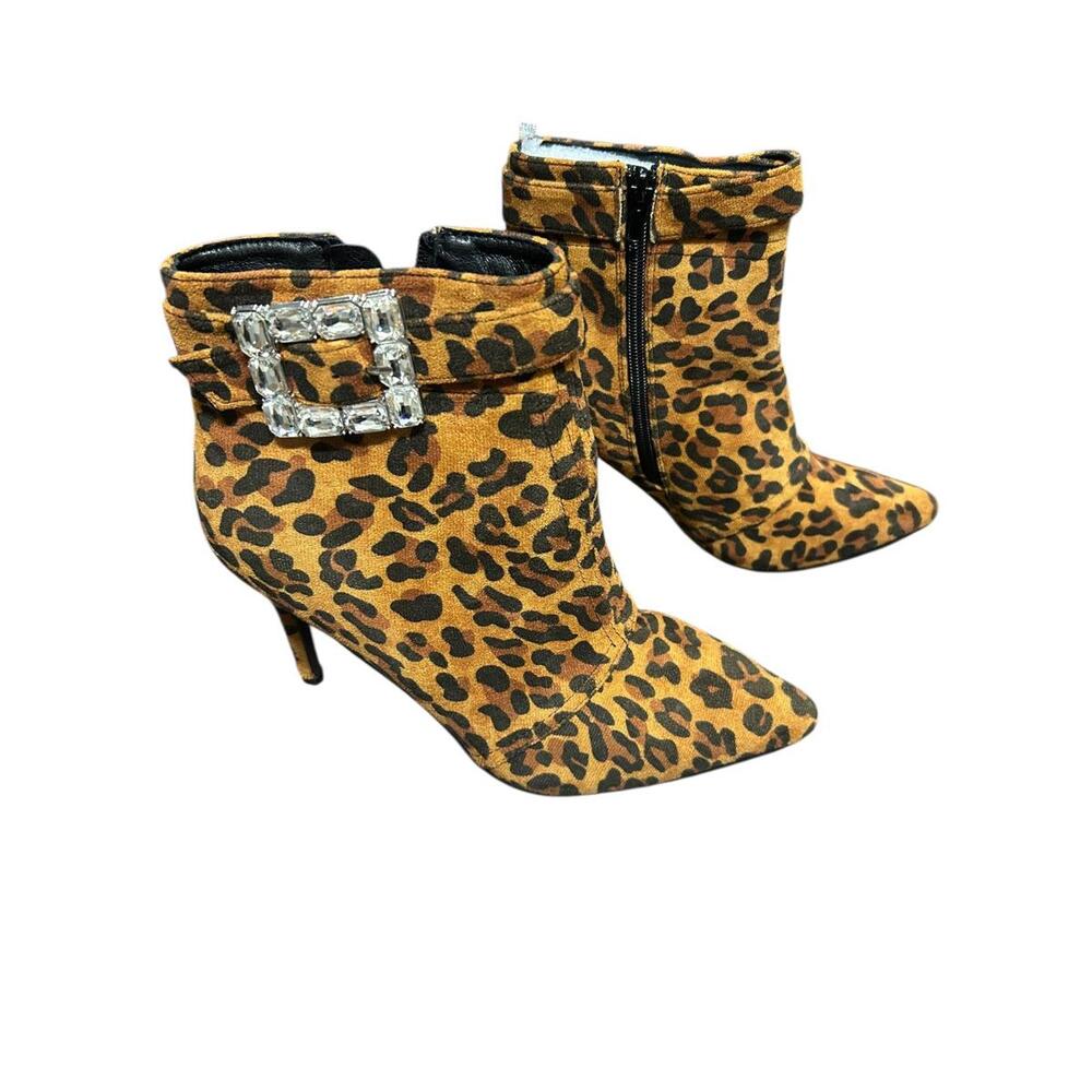 Leopard Print Faux Suede Stiletto Boots Rhinestone Crystal Buckle Size 10